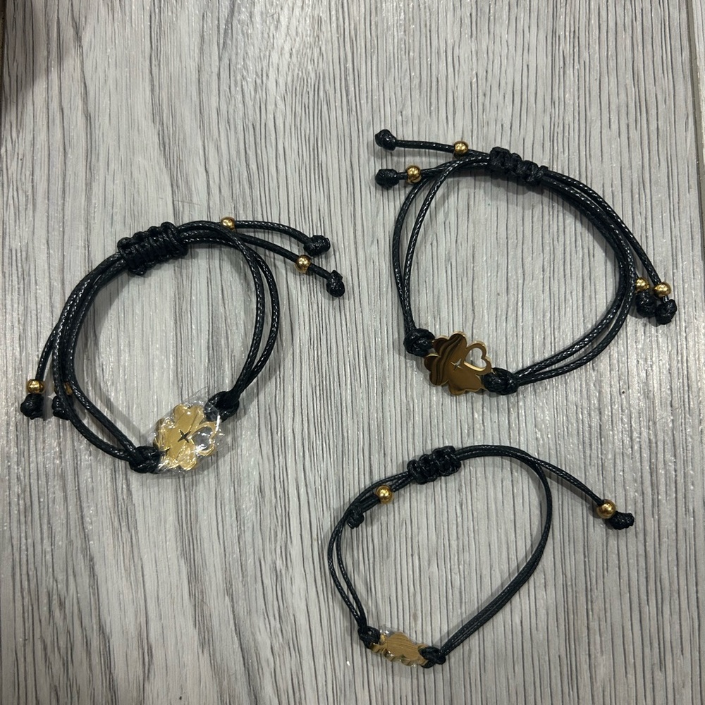 Black Cord Bracelet Set with Gold Charms